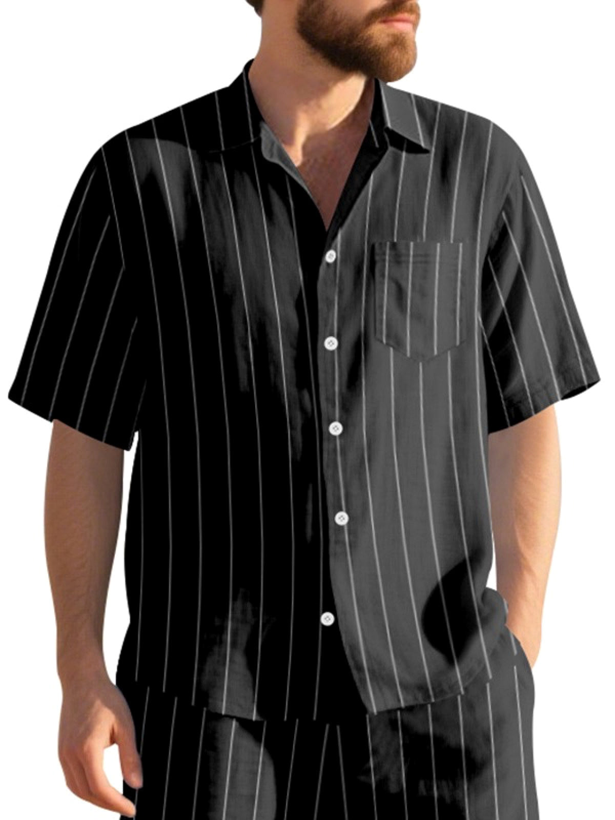 Men's Linen Blend Short Sleeve Shirt Lightweight Casual Summer Button Shirt in Black - product view