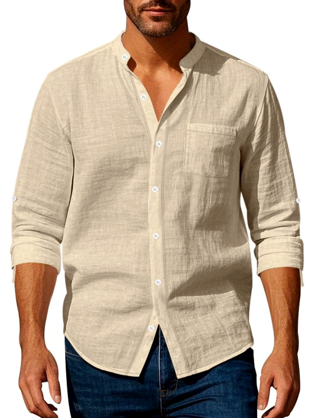 Men's Linen Blend Short Sleeve Shirt Lightweight Casual Summer Button Shirt in Khaki - product view