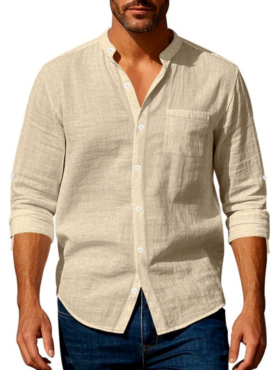 Men's Linen Blend Short Sleeve Shirt Lightweight Casual Summer Button Shirt in Khaki - product view