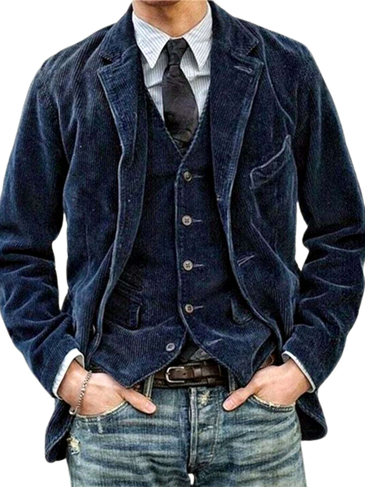 Men's Lapel Collar Solid Color Woven Long Sleeve Blazer Casual Spring and Fall in Blue - product view