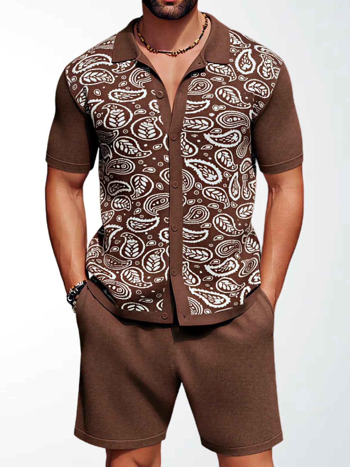 Men's Lyocell Cotton Casual Bermuda Shorts Elastic Waist Summer Shorts in Brown - product view