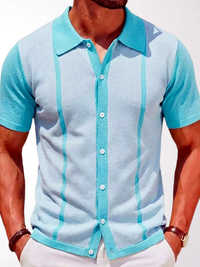 Men's Striped Jacquard Knit Short Sleeve Polo Shirt Business Casual Summer Top in Blue - product view
