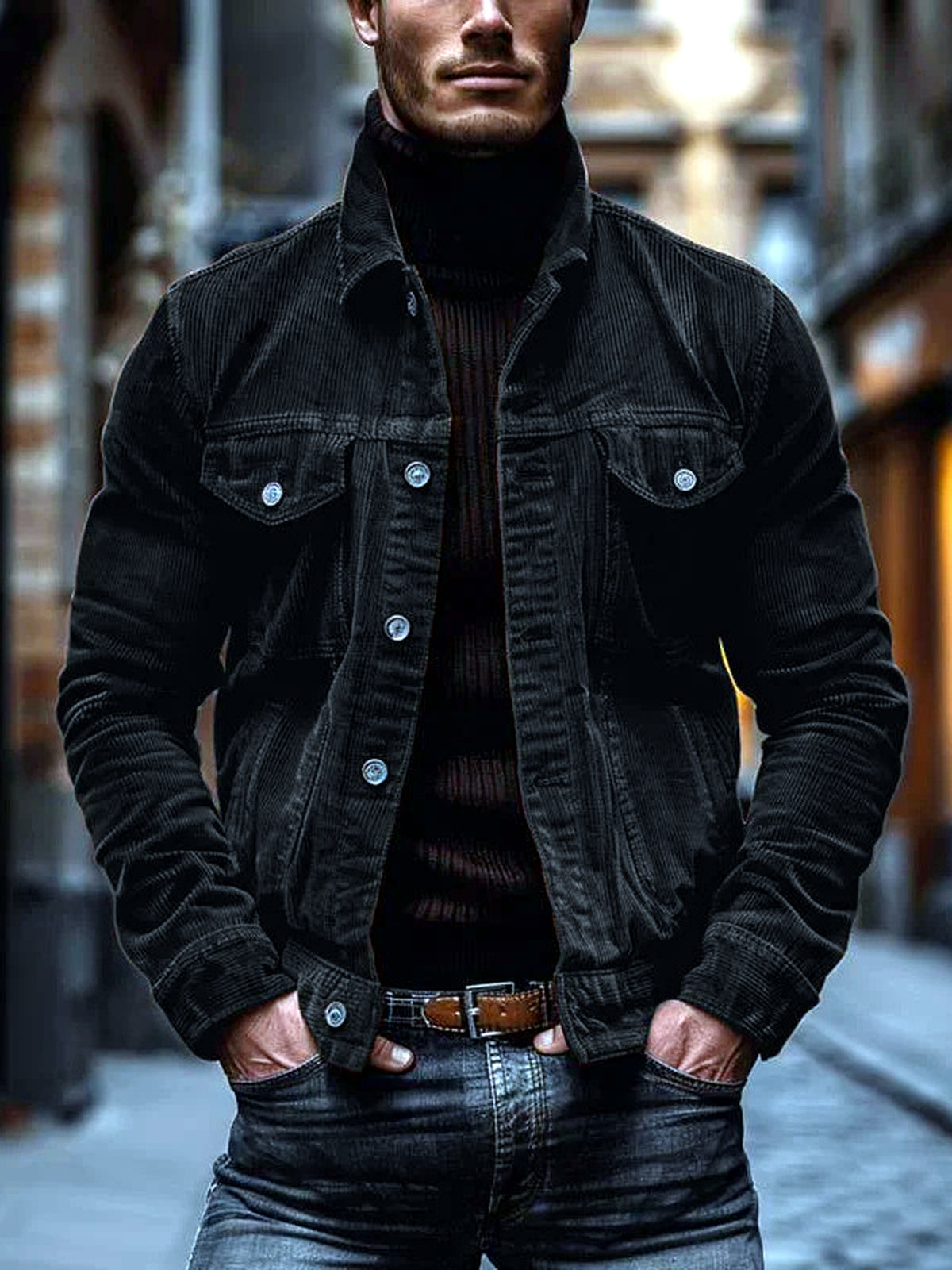 Men's Corduroy Lapel Collar Striped Long Sleeve Shirt Casual in LT-DXRJK-Black - product view
