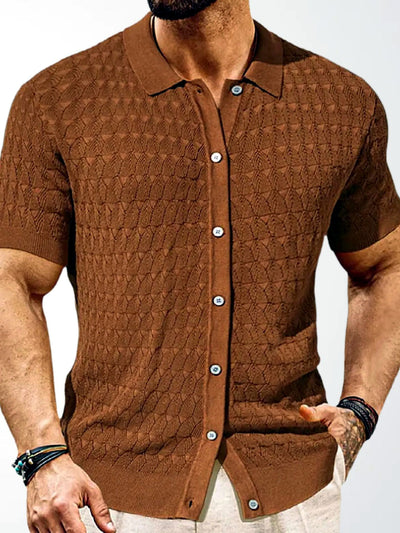 Men's Jacquard Knit Short Sleeve Polo Shirt Business Casual Summer Top in Brown - product view