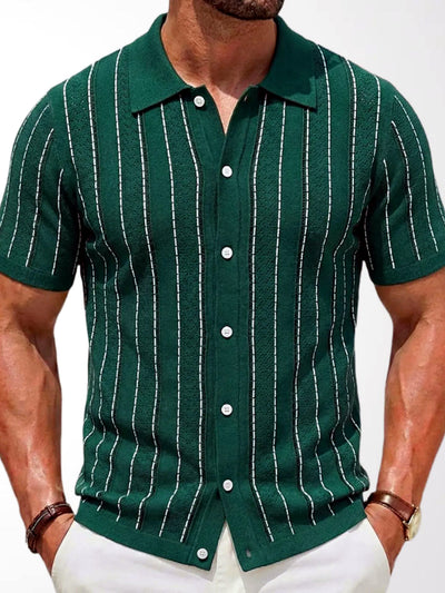 Men's Striped Jacquard Knit Short Sleeve Polo Shirt Business Casual Summer Top in Green - product view