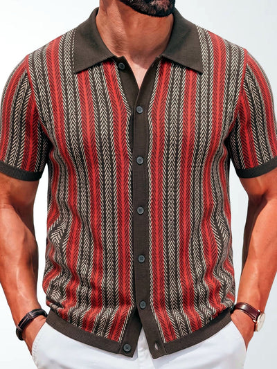 Men's Striped Jacquard Knit Short Sleeve Polo Shirt Business Casual Summer Top in Red - product view