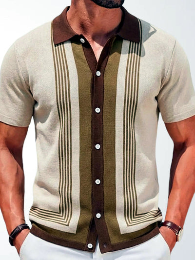 Men's Striped Jacquard Knit Short Sleeve Polo Shirt Business Casual Summer Top in Apricot - product view