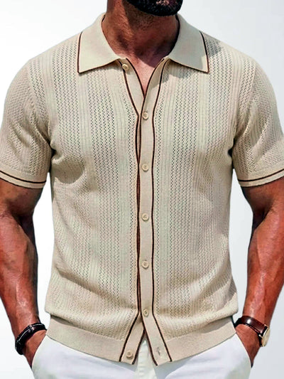 Men's Jacquard Knit Short Sleeve Polo Shirt Business Casual Summer Top in Apricot - product view