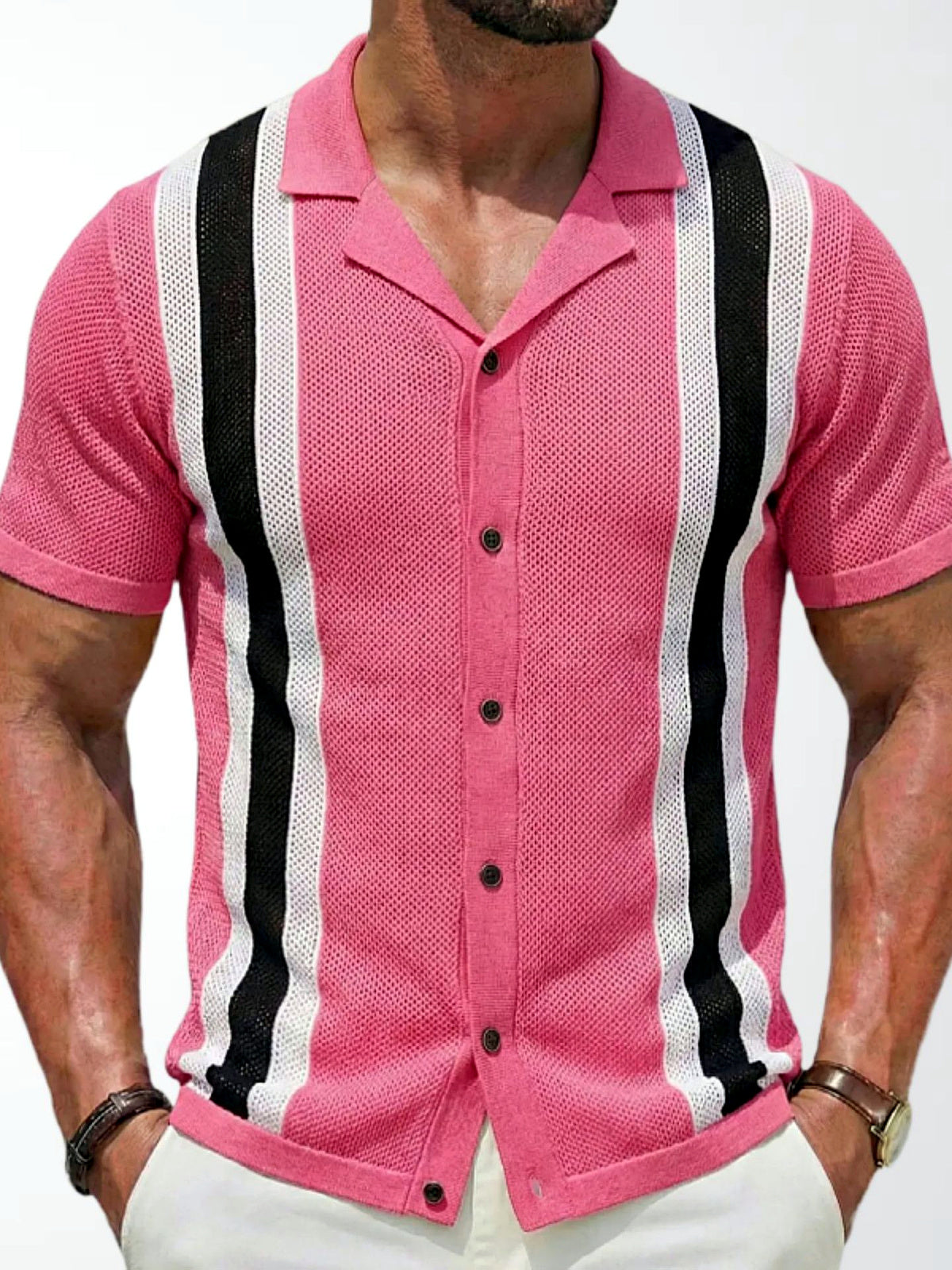 Men's Jacquard Knit Short Sleeve Polo Shirt Business Casual Summer Top in Pink - product view
