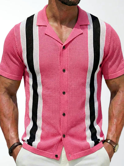 Men's Jacquard Knit Short Sleeve Polo Shirt Business Casual Summer Top in Pink - product view