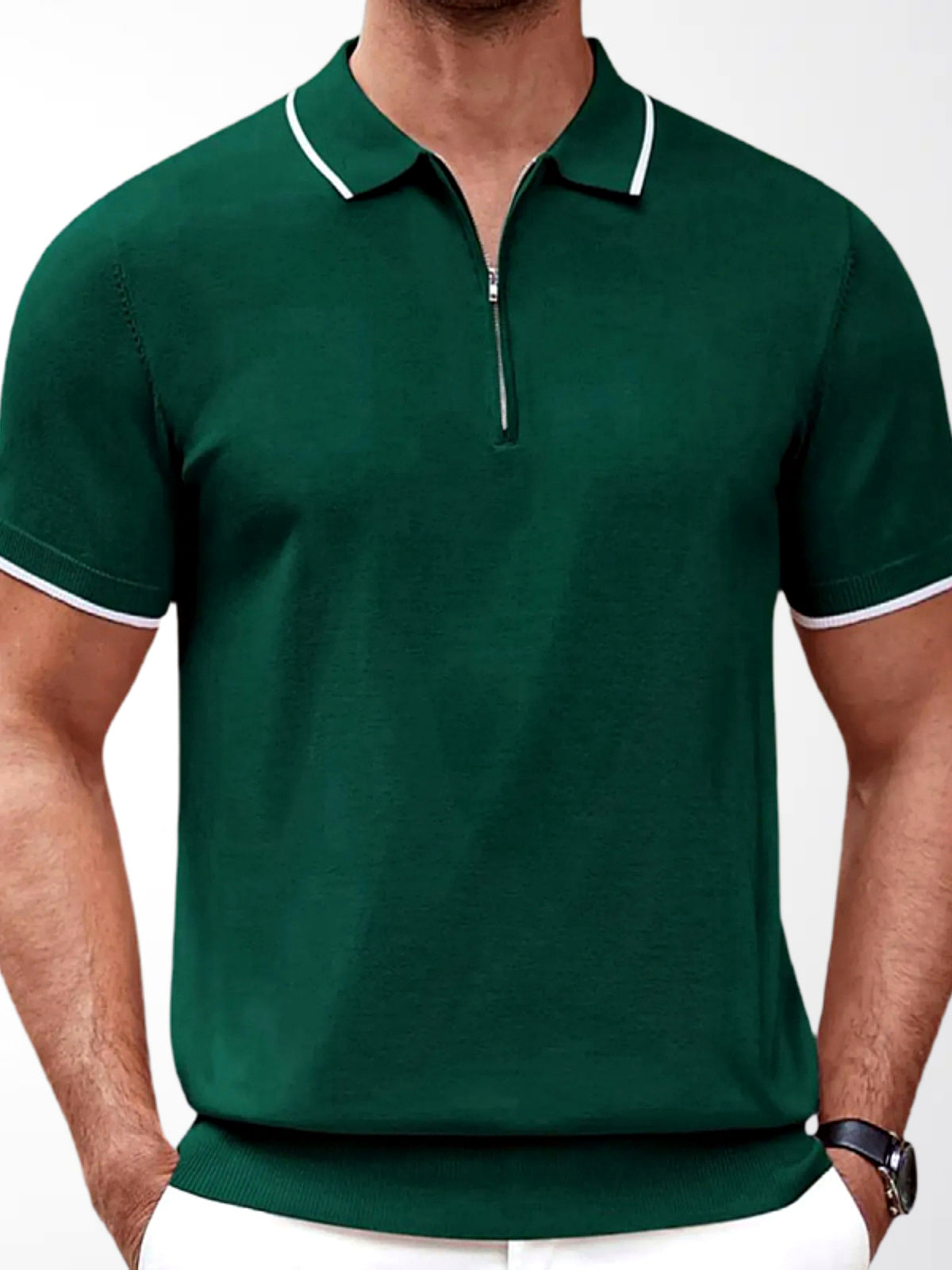 Men's Jacquard Knit Short Sleeve Polo Shirt Business Casual Summer Top in Green - product view