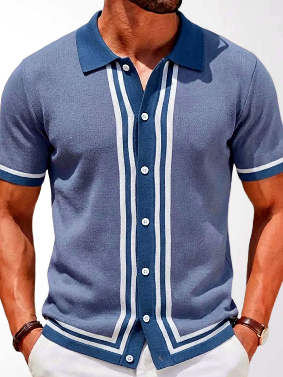 Men's Striped Jacquard Knit Short Sleeve Polo Shirt Business Casual Summer Top in Blue - product view