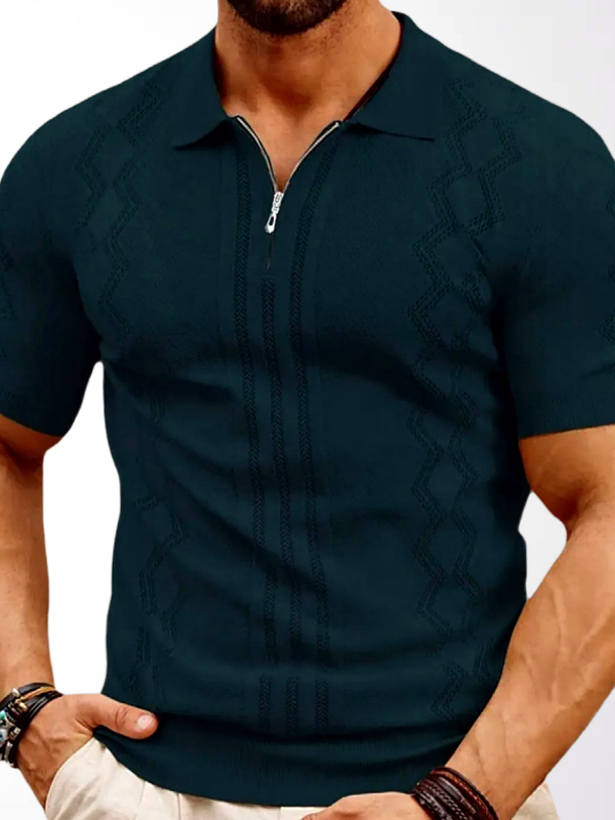 Men's Jacquard Knit Short Sleeve Polo Shirt Business Casual Summer Top in Green - product view