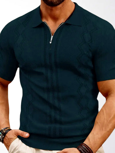 Men's Jacquard Knit Short Sleeve Polo Shirt Business Casual Summer Top in Green - product view