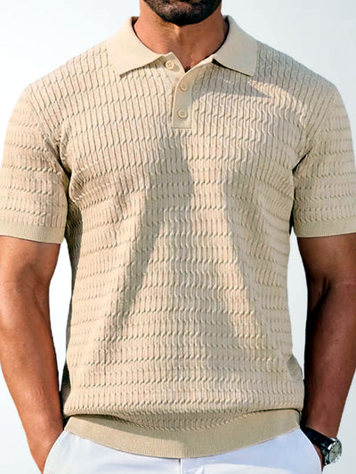 Men's Jacquard Knit Short Sleeve Polo Shirt Business Casual Summer Top in Apricot - product view