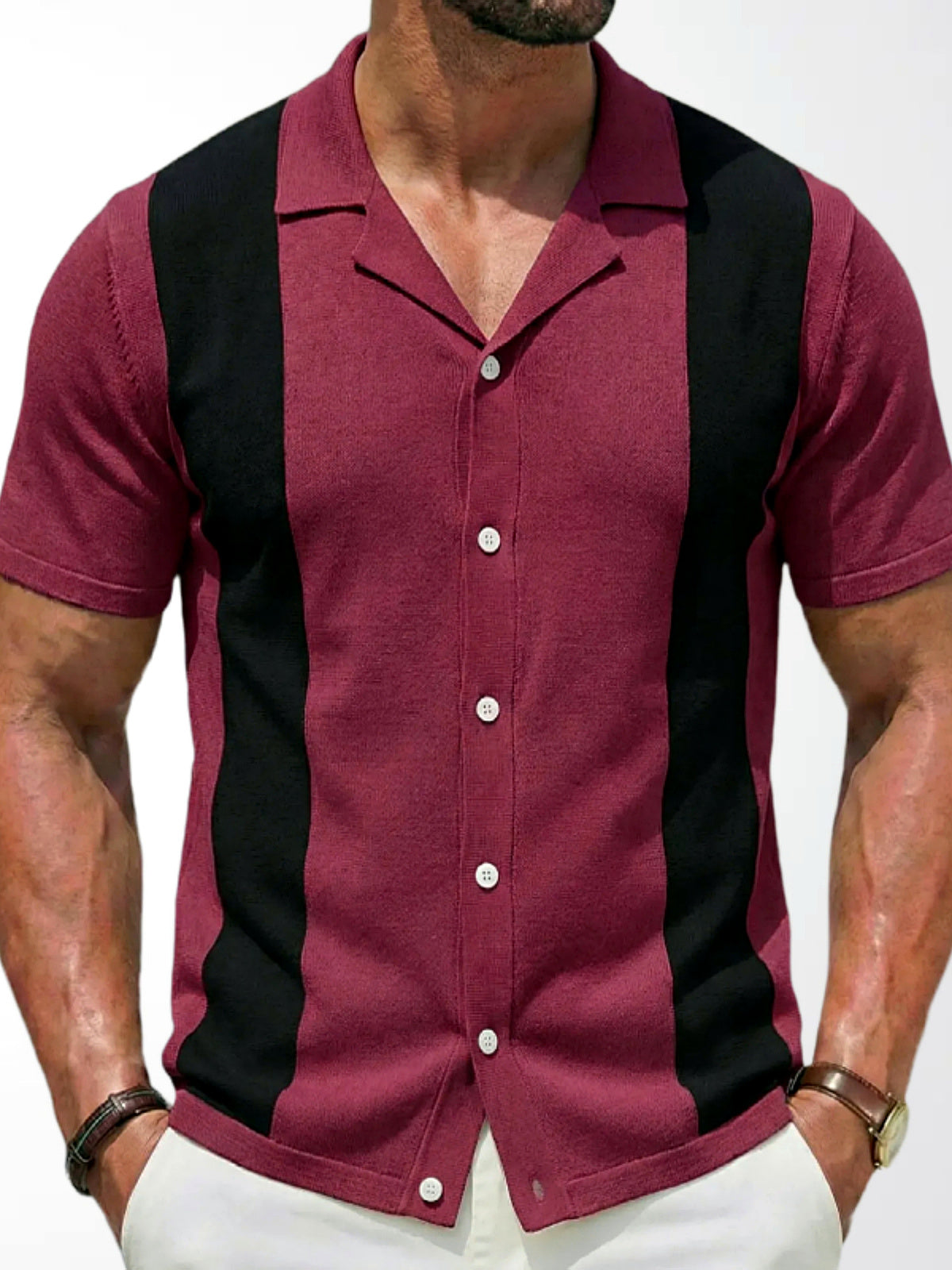 Men's Striped Jacquard Knit Short Sleeve Polo Shirt Business Casual Summer Top in Brown - product view