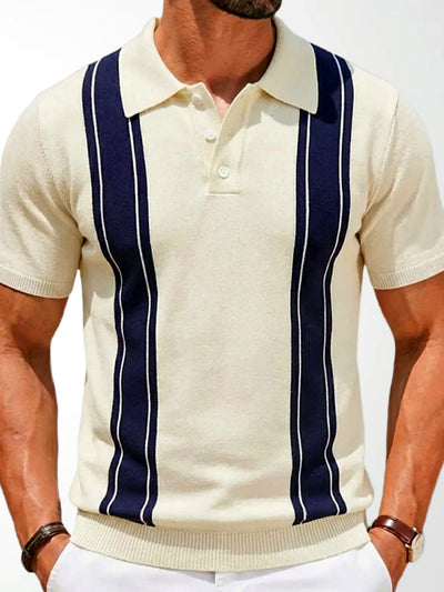 Men's Striped Jacquard Knit Short Sleeve Polo Shirt Business Casual Summer Top in Apricot - product view