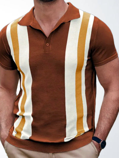 Men's Striped Jacquard Knit Short Sleeve Polo Shirt Business Casual Summer Top in Brown - product view