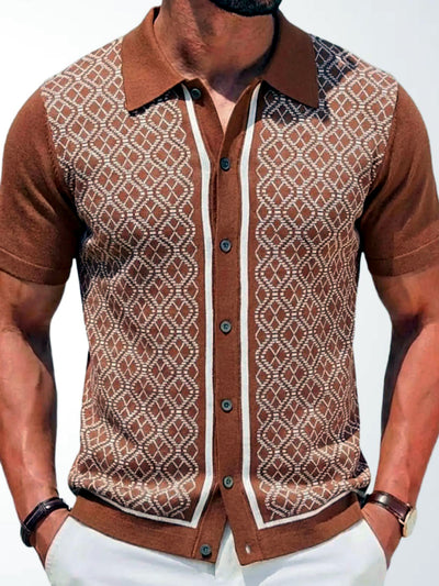 Men's Jacquard Knit Short Sleeve Polo Shirt Business Casual Summer Top in Brown - product view
