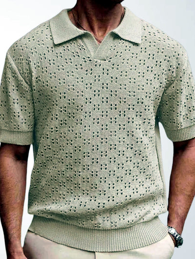 Men's Jacquard Knit Short Sleeve Polo Shirt Business Casual Summer Top in Apricot - product view