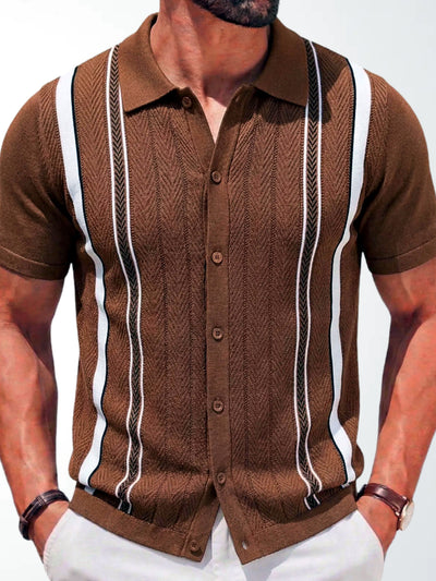 Men's Striped Jacquard Knit Short Sleeve Polo Shirt Business Casual Summer Top in Brown - product view