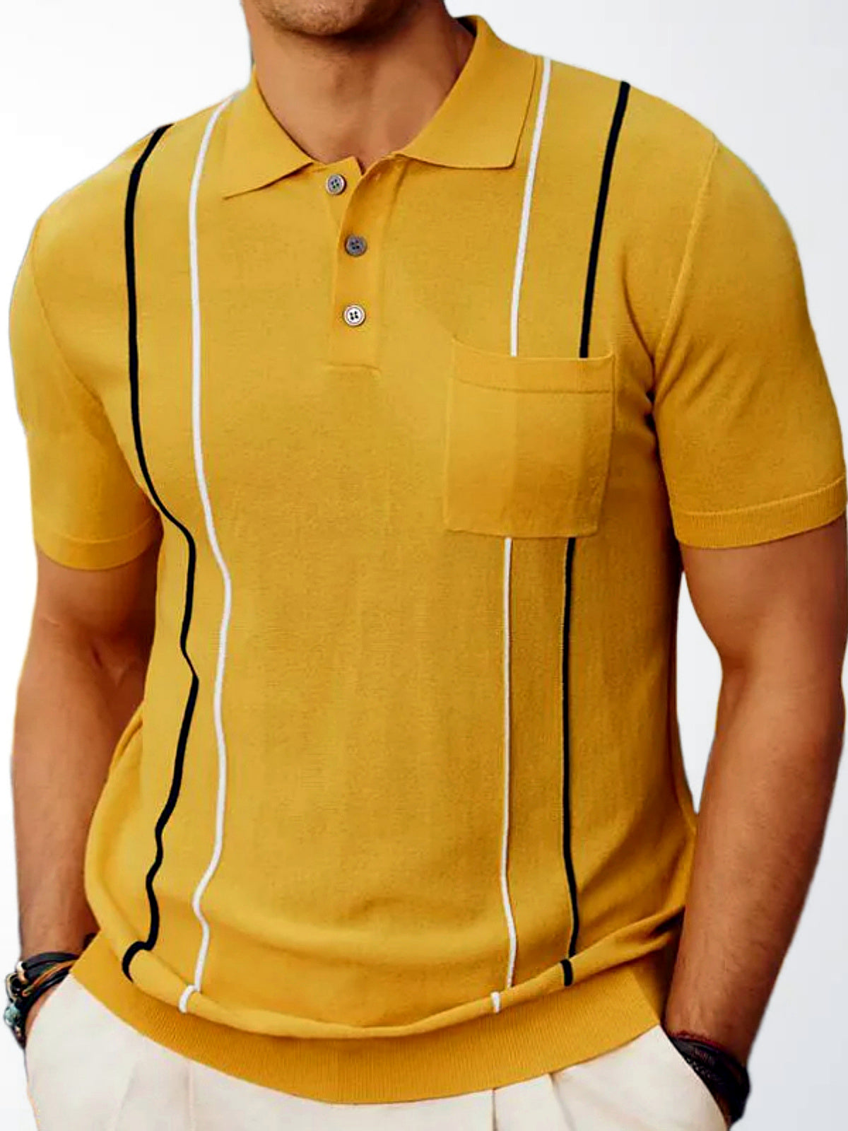 Men's Striped Jacquard Knit Short Sleeve Polo Shirt Business Casual Summer Top in Yellow - product view