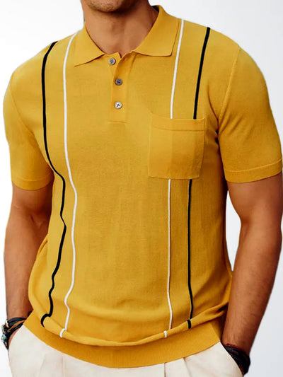 Men's Striped Jacquard Knit Short Sleeve Polo Shirt Business Casual Summer Top in Yellow - product view