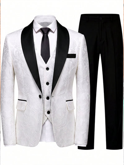 Men's Jacquard Blazer Suit Jacket One Button Party Banquet Formal Outfit in White[] - product view