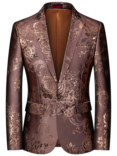 Men's Jacquard Blazer Suit Jacket One Button Party Banquet Formal Outfit in Coffee Brown - product view