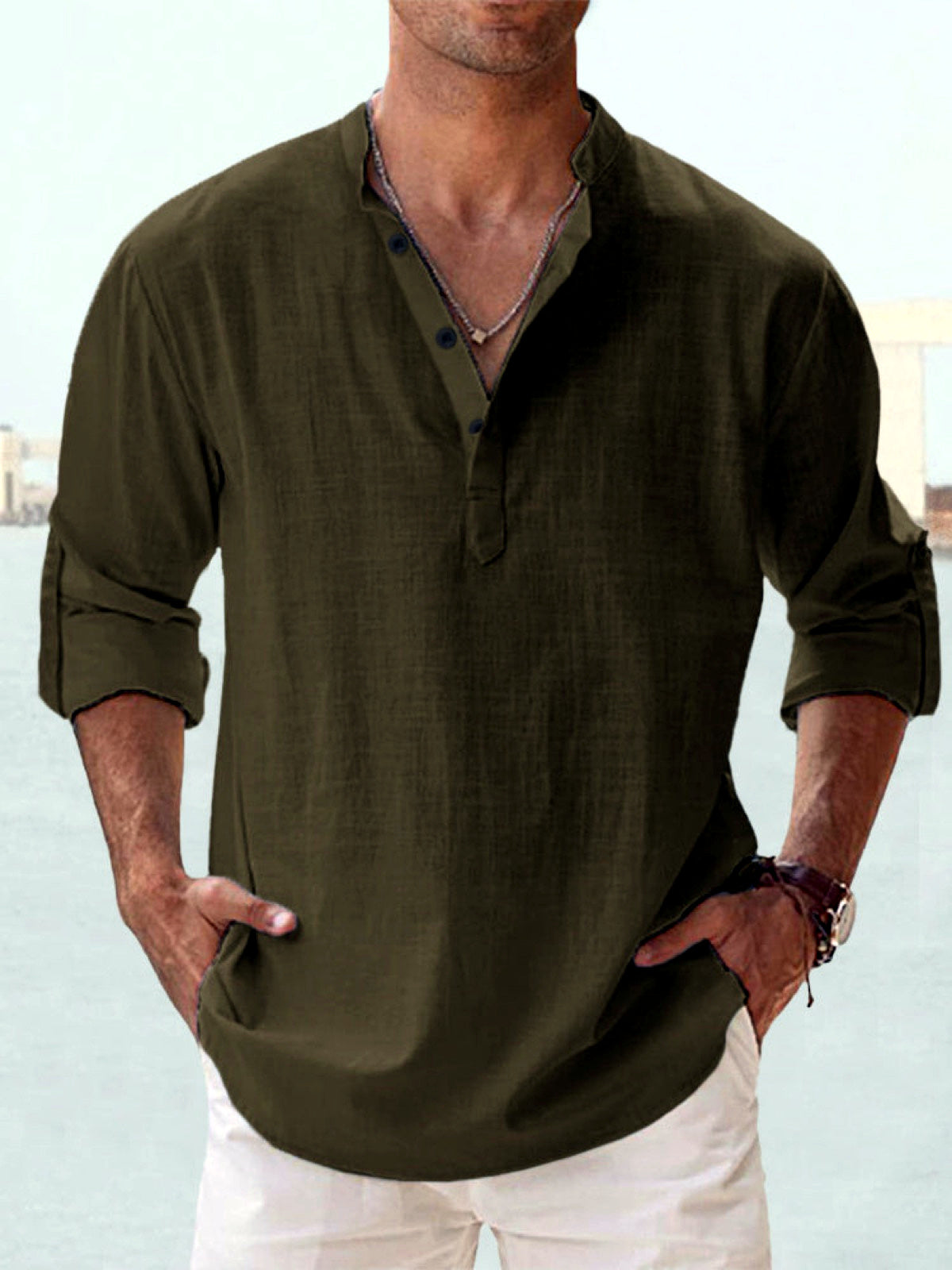 Men's Quick-Dry Henley Short Sleeve T-Shirt in Khaki - product view
