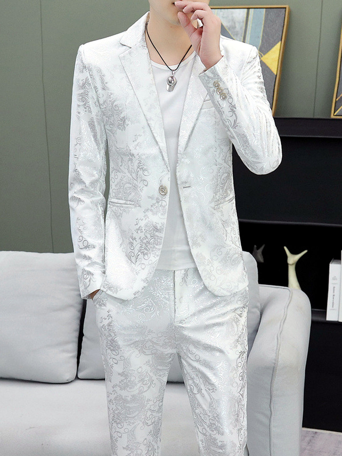 Men's Lightweight Business Blazer and Pants Set Casual Suit Outfit in 1999White（+） - product view