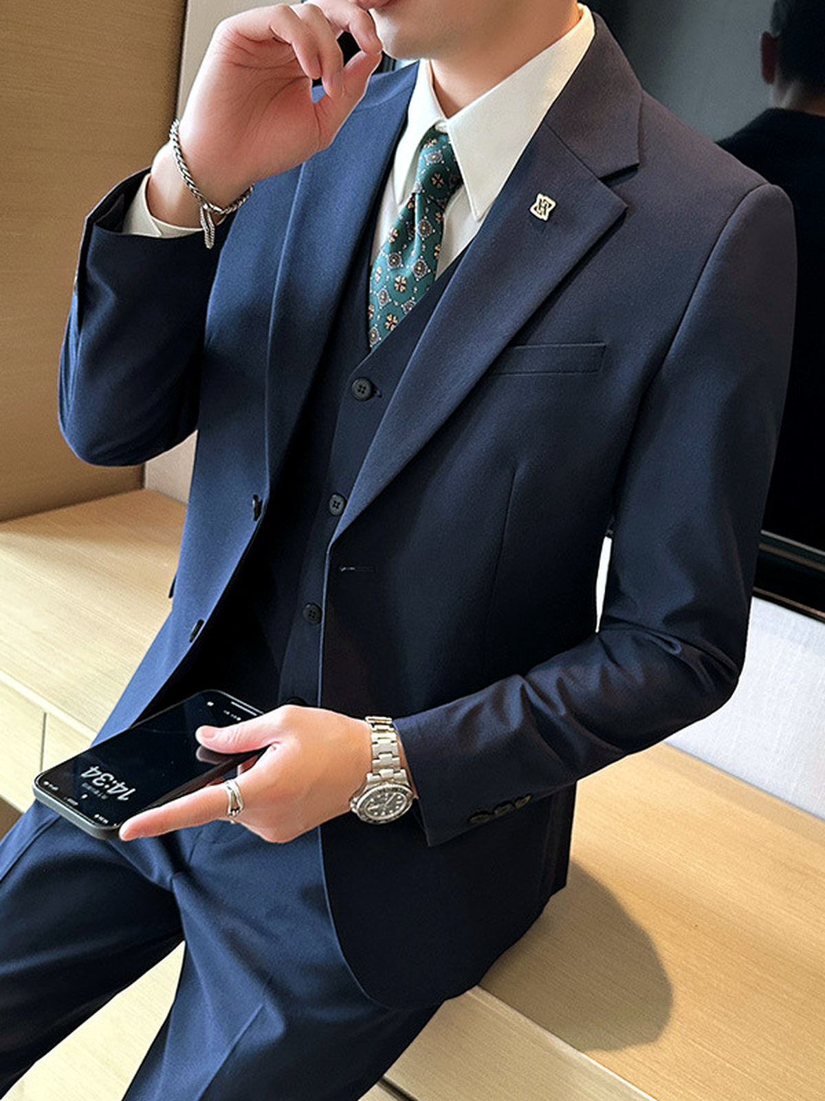 Men's Lightweight Business Blazer and Pants Set Casual Suit Outfit in Royal Blue - product view