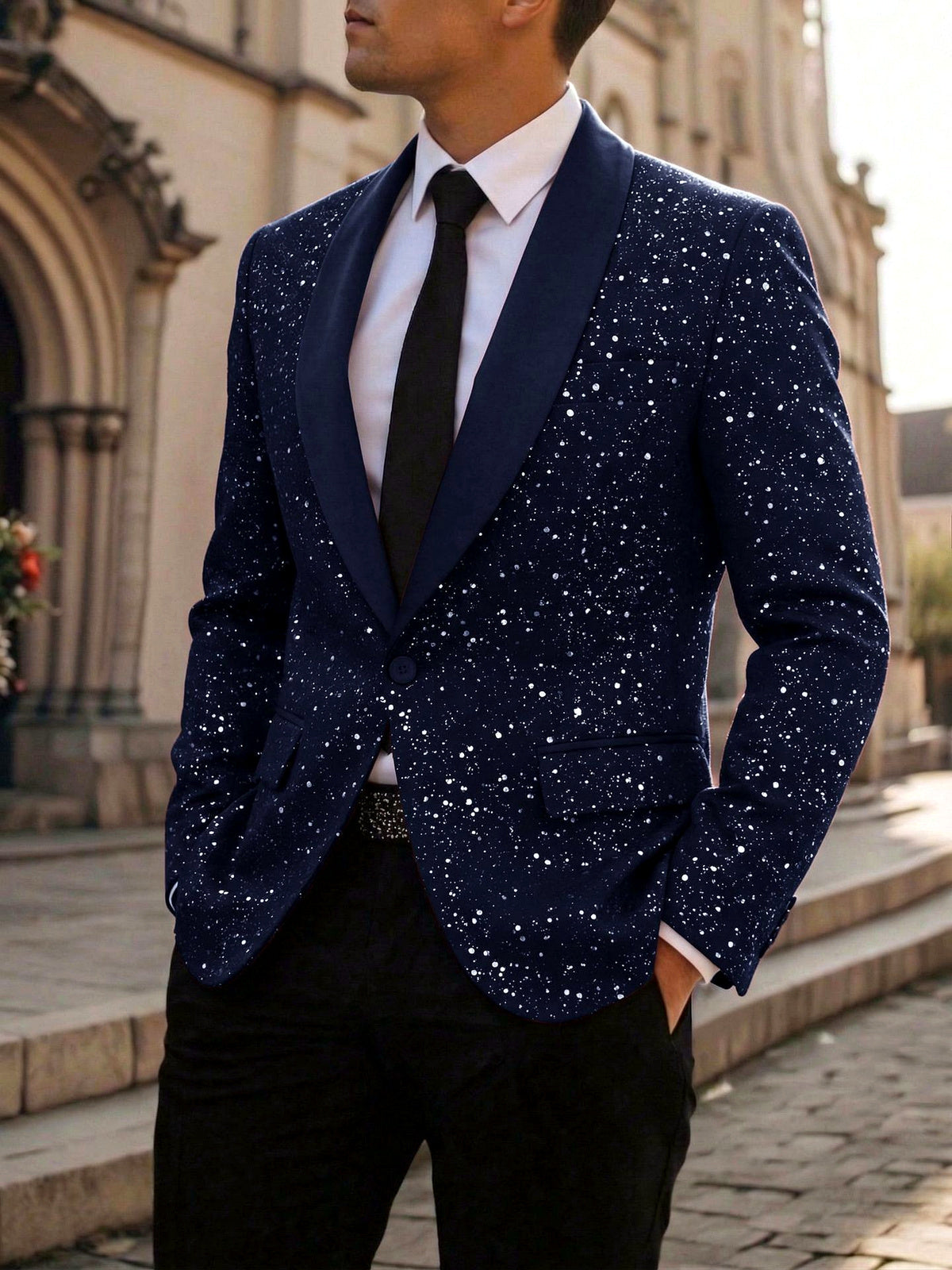 Men's Jacquard Blazer Suit Jacket One Button Party Banquet Formal Outfit in Blue - product view
