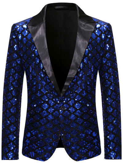 Men's Jacquard Blazer Suit Jacket One Button Party Banquet Formal Outfit in Royal Blue - product view