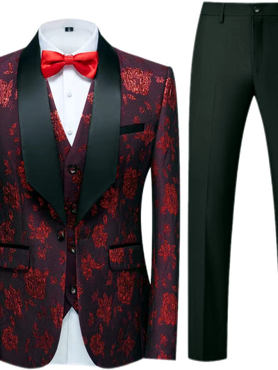 Men's Jacquard Blazer Suit Jacket One Button Party Banquet Formal Outfit in Burgundy - product view