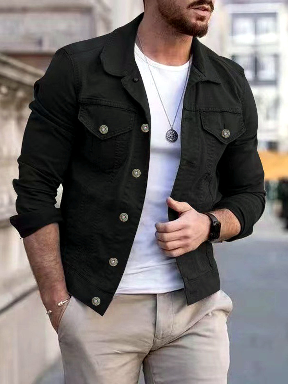 Men's Stand Collar Solid Color Slim Fit Long Sleeve Jacket for Everyday Smart-Casual Wear in Black - product view