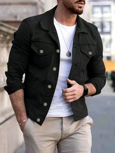Men's Stand Collar Solid Color Slim Fit Long Sleeve Jacket for Everyday Smart-Casual Wear in Black - product view