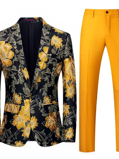 Men's Jacquard Blazer Suit Jacket One Button Party Banquet Formal Outfit in Gold+Yellow - product view