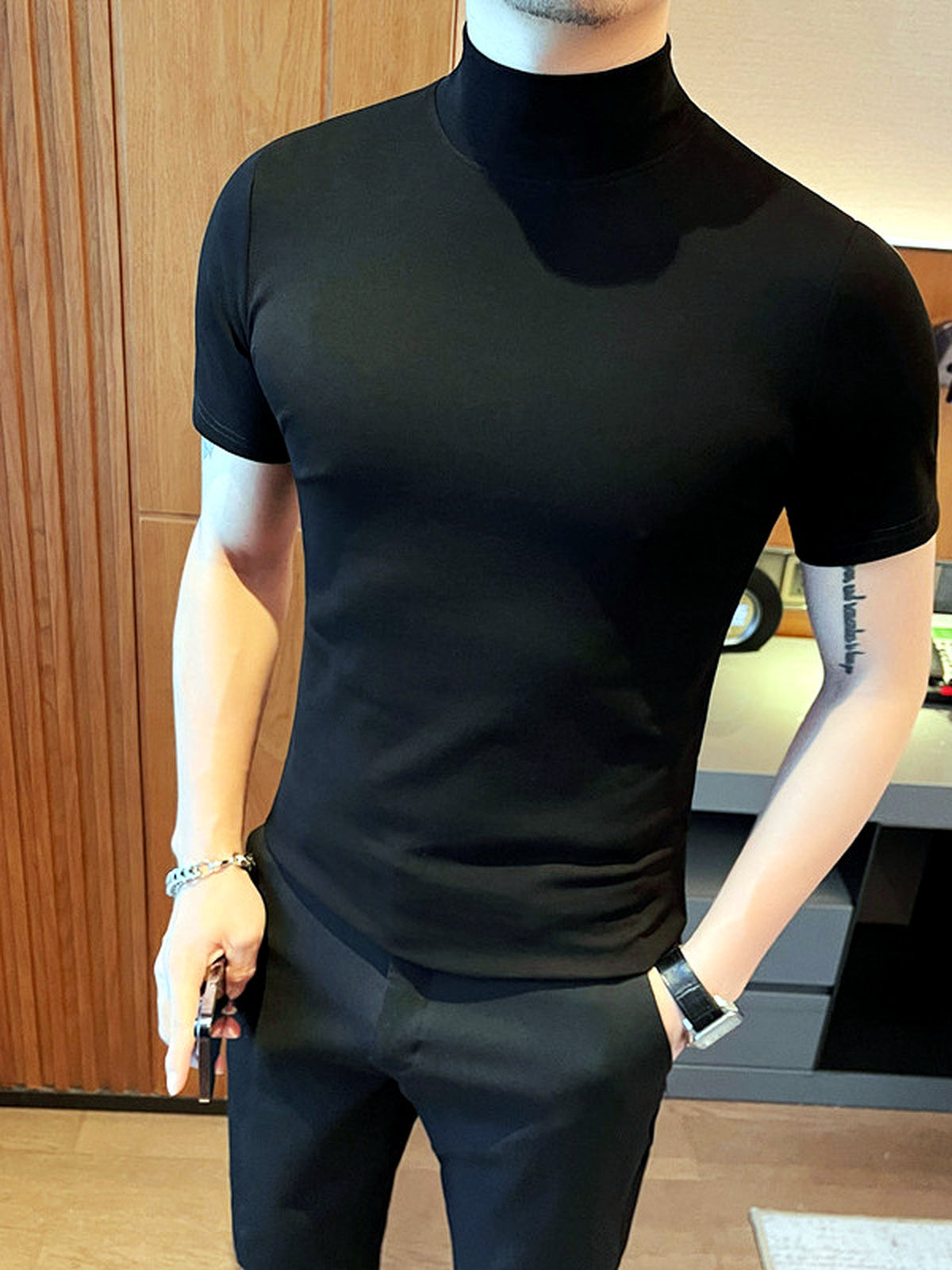 Men's Quick-Dry Henley Short Sleeve T-Shirt in Black - product view