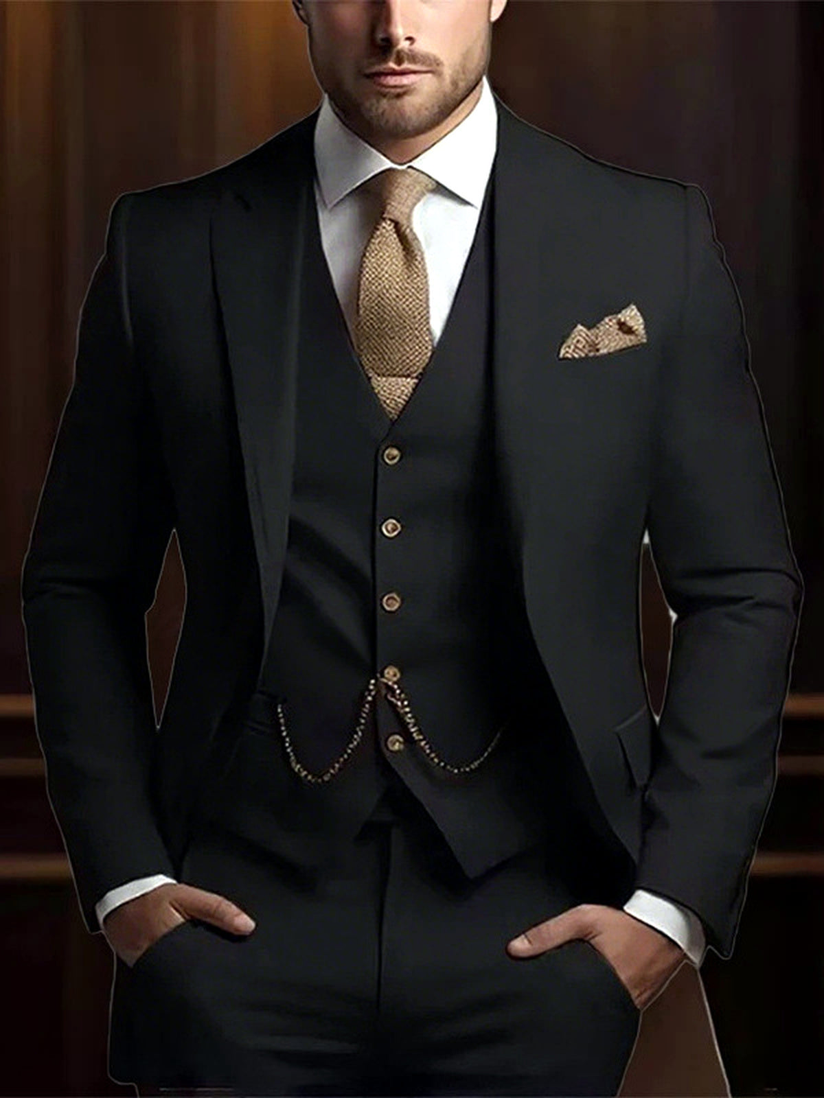 Men's Jacquard Blazer Suit Jacket One Button Party Banquet Formal Outfit in Black - product view
