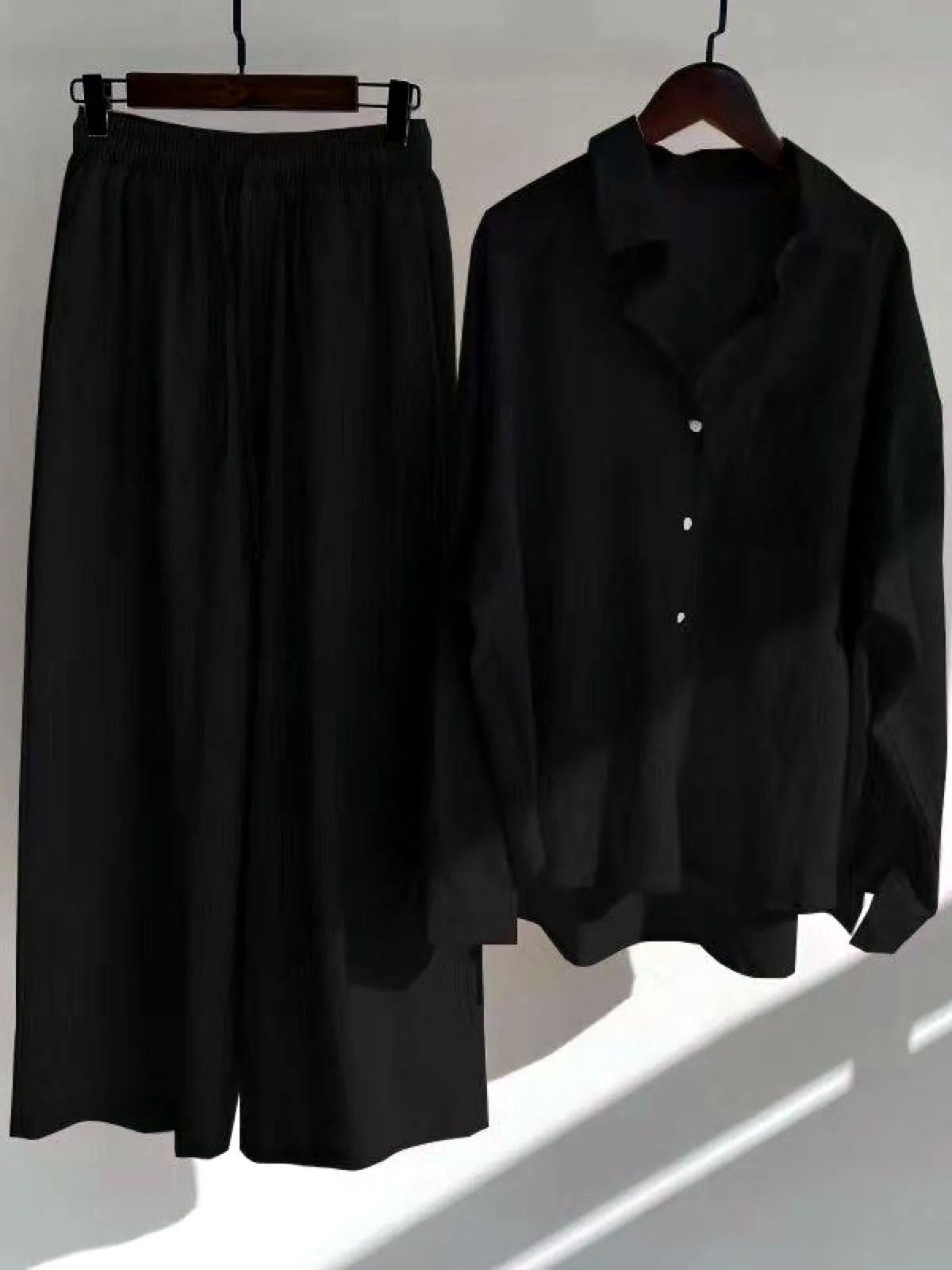 Women's Cotton Linen Button-Up Shirt & Wide-Leg Pants Set in Black - product view