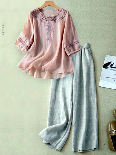 Women's Embroidered Cotton-Linen Tunic & Wide-Leg Pants Set in Pink - product view
