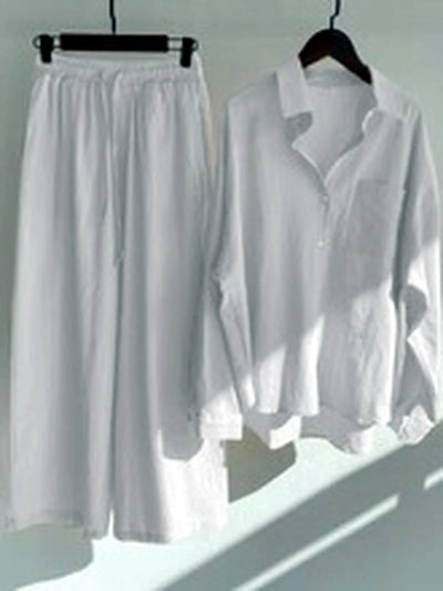 Women's Cotton Linen Two Piece Set with Shirt and Pants in White - product view