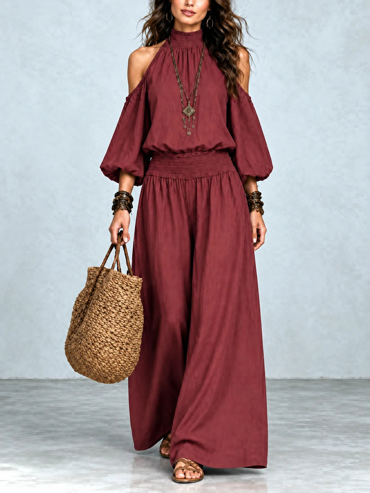 Women's Top and Wide-Leg Pants Two-Piece Set in Brown - product view