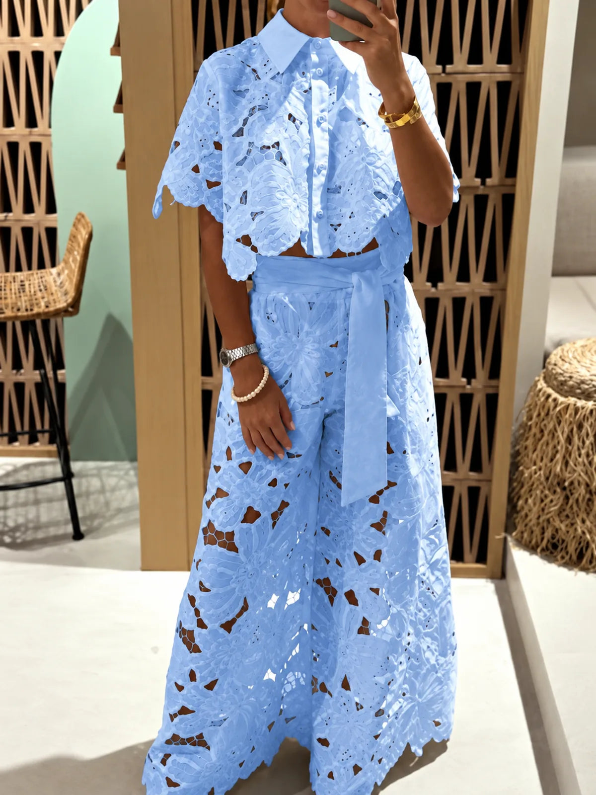 Women's Top and Wide-Leg Pants Two-Piece Set in Pink - product view