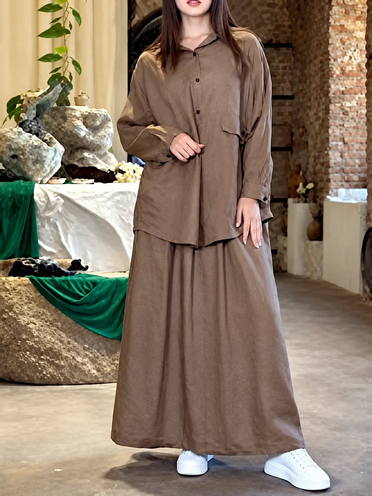 Women's Top and Skirt Two-Piece Set in Brown - product view
