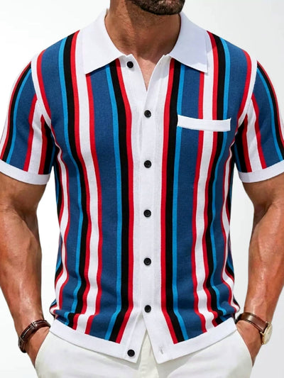 Men's Striped Jacquard Knit Short Sleeve Polo Shirt Business Casual Summer Top - product detail view 3