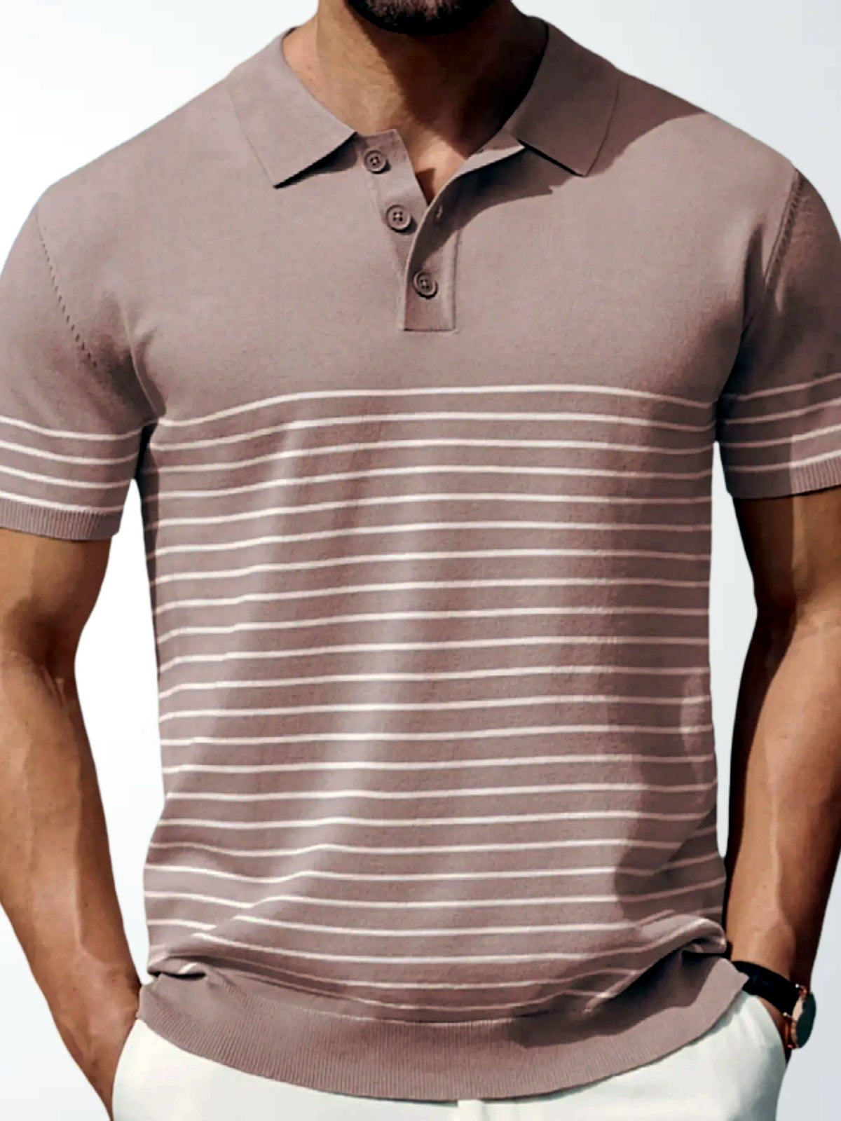 Men's Striped Jacquard Knit Short Sleeve Polo Shirt Business Casual Summer Top - product detail view 2