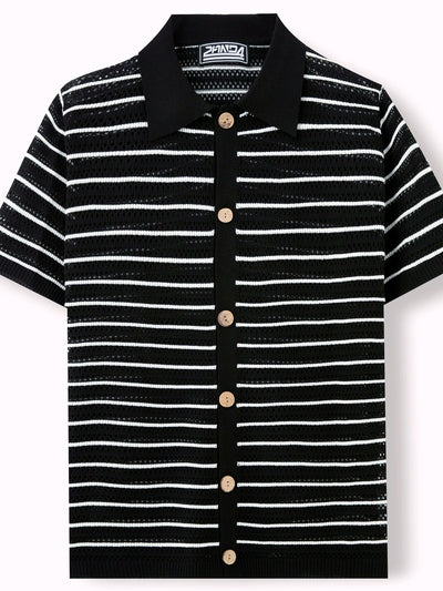 Men's Striped Jacquard Knit Short Sleeve Polo Shirt Business Casual Summer Top - product detail view 2