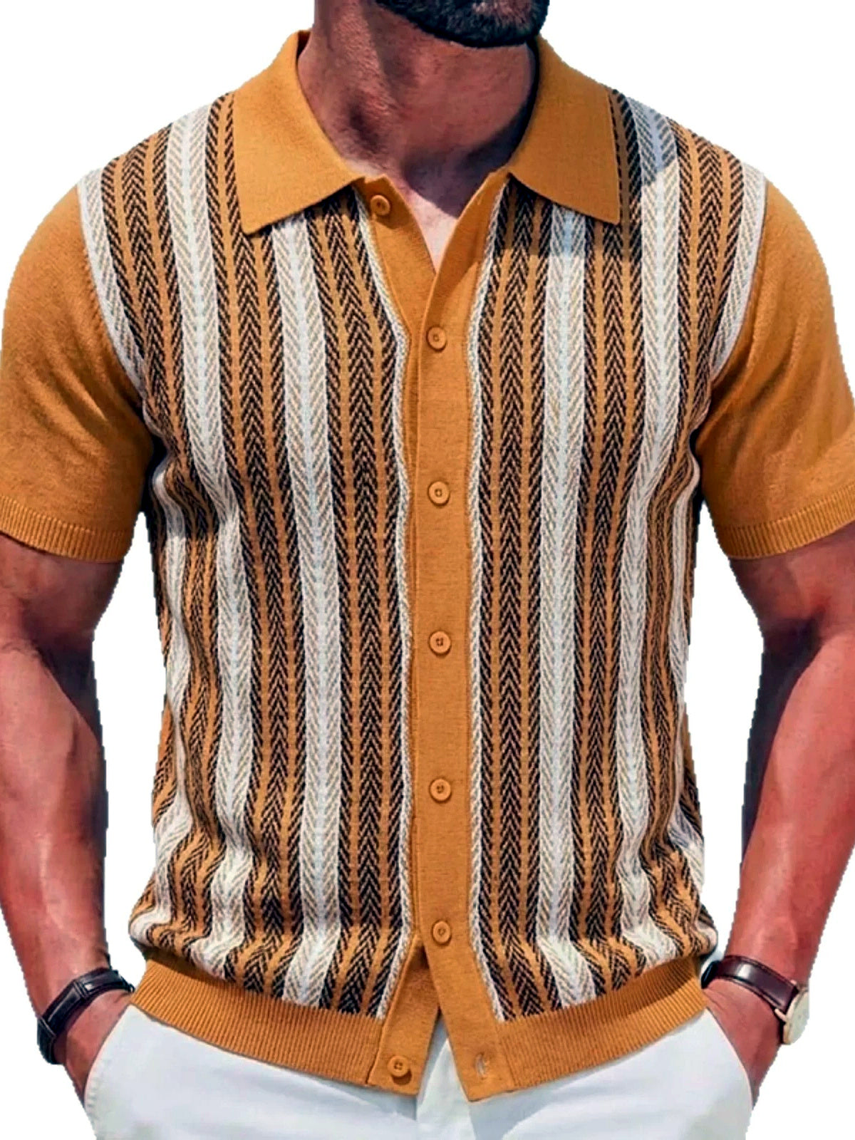 Men's Striped Jacquard Knit Short Sleeve Polo Shirt Business Casual Summer Top - product detail view 2